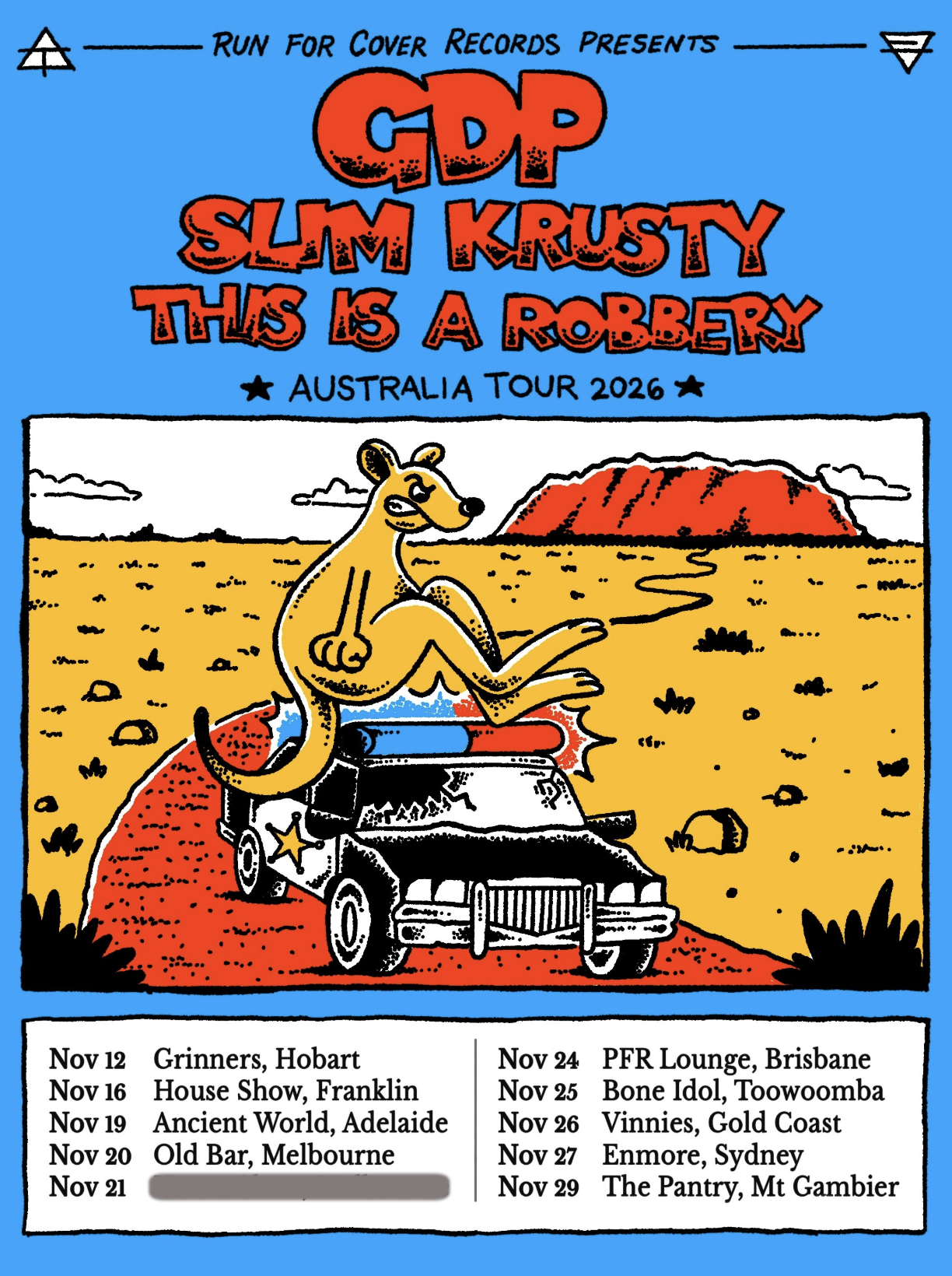 GDP and Slim Krusty This Is A Robbery Australia Tour 2026 poster featuring a kangaroo on a police car and November tour dates